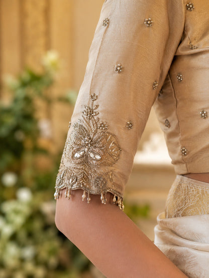 Beige Raw Silk Bridal Ari Work Embroidered Sweetheart Neck Blouse for Wedding & Festive Wear