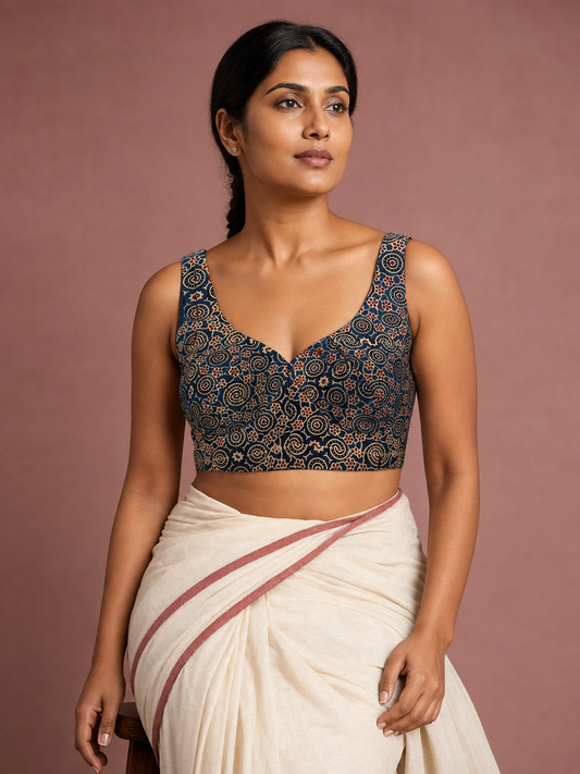 Blue Ajrakh Circular Floral Sleeveless Blouse on Model
