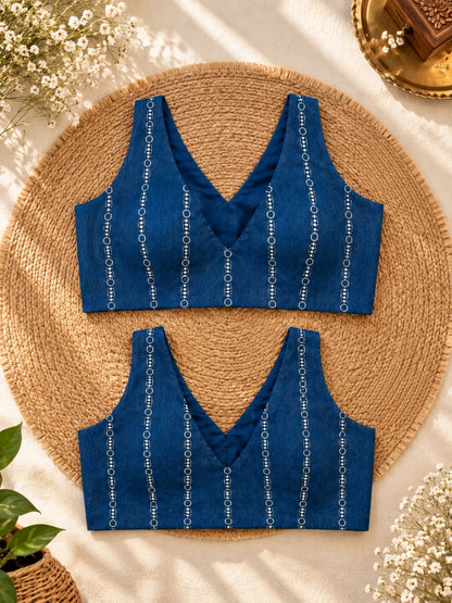 Blue Cotton Jacquard Sleeveless V-Neck Blouse image 3