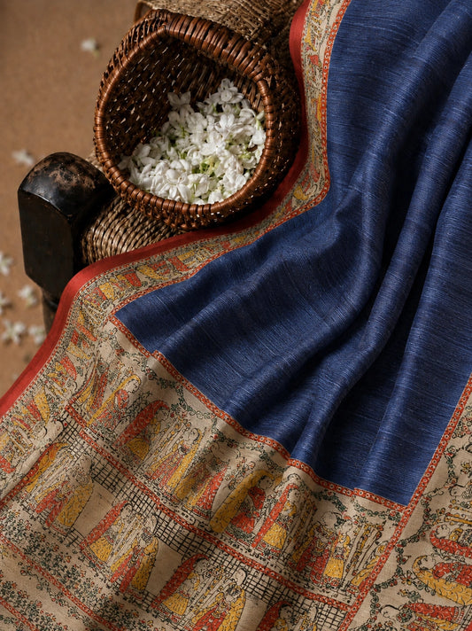 Navy Blue Ghicha Madhubani Saree with Traditional Mithila Art Border & Folk Motif Design