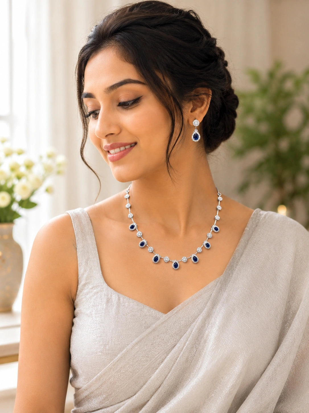 Silver-Tone Blue Teardrop Stone Necklace Set with Matching Earrings