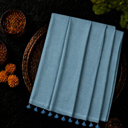 Dusty Sky Blue Pure Cotton Solid Color Saree with Tassel Pallu