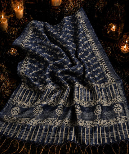 Indigo Blue Linen Print Saree with Ethnic Block Motifs & Decorative Pallu Design