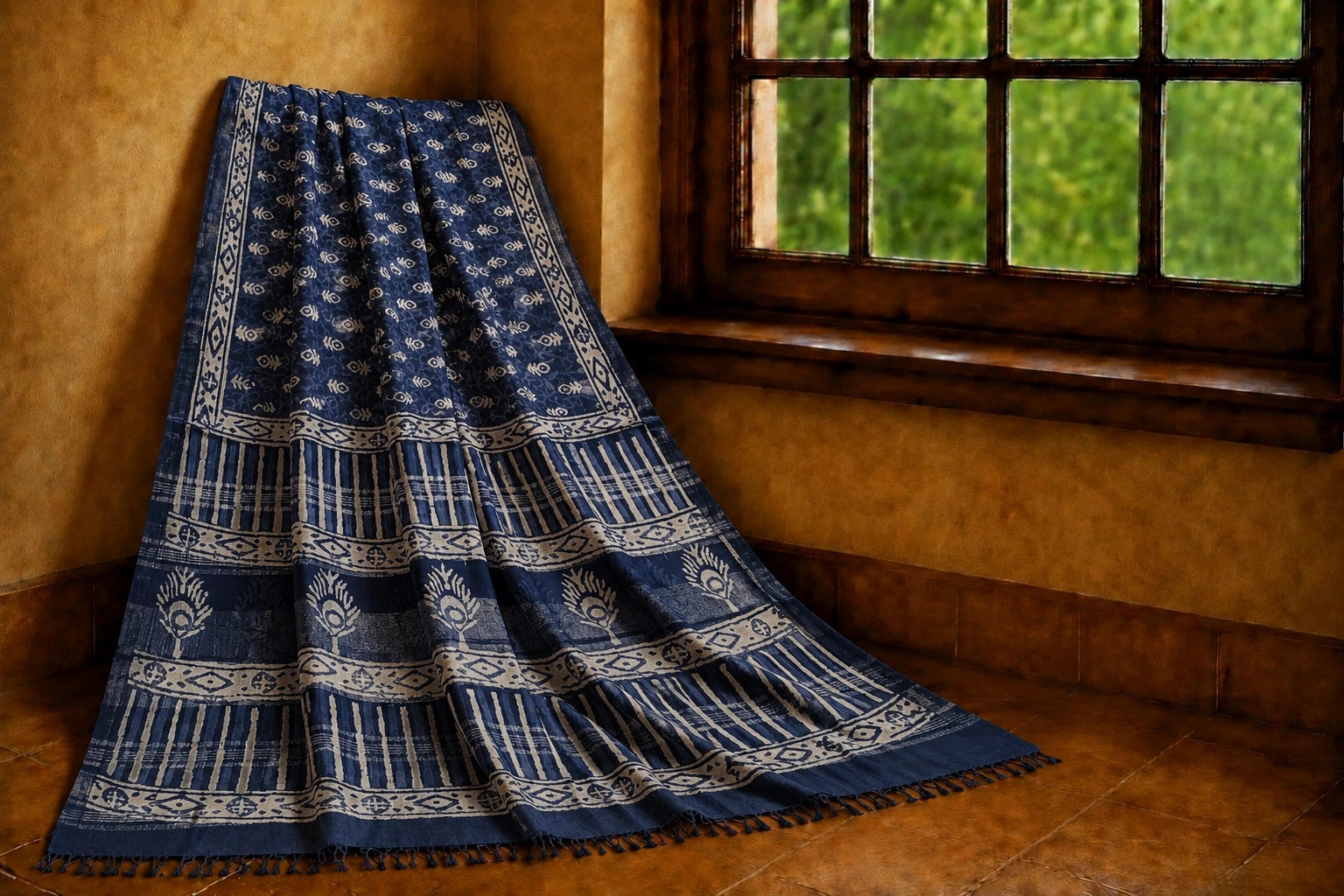 Indigo Blue Linen Print Saree with Ethnic Block Motifs & Decorative Pallu Design