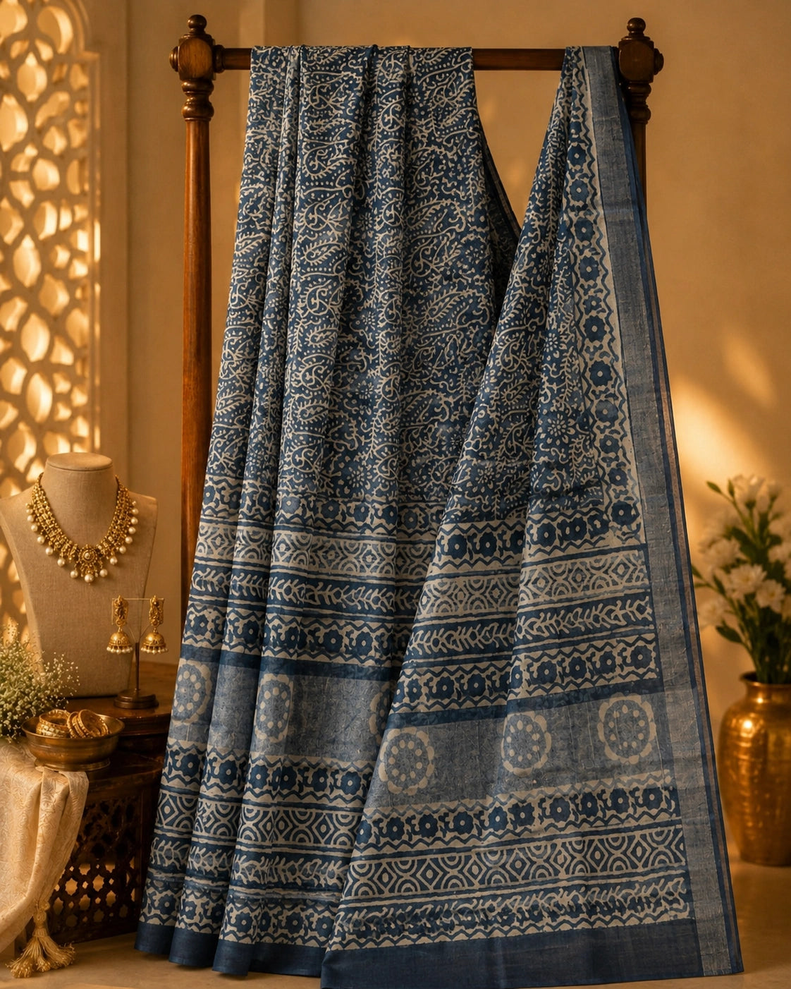 Indigo Blue Linen Saree with Traditional Floral Border and Hand Block Print Inspired Motifs