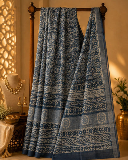Indigo Blue Linen Saree with Traditional Floral Border and Hand Block Print Inspired Motifs