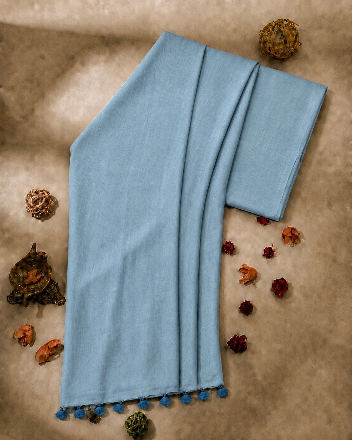 Dusty Sky Blue Pure Cotton Solid Color Saree with Tassel Pallu