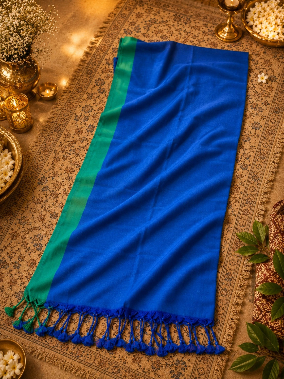 Royal Blue Par Plain Khadi Saree with Emerald Green Border and Tassel Pallu