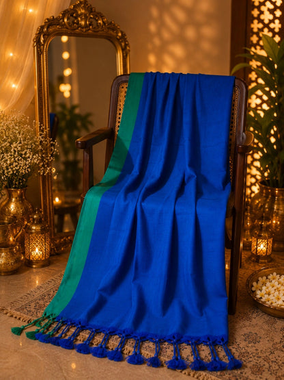 Royal Blue Par Plain Khadi Saree with Emerald Green Border and Tassel Pallu