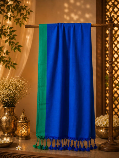 Royal Blue Par Plain Khadi Saree with Emerald Green Border and Tassel Pallu