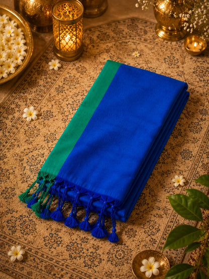 Royal Blue Par Plain Khadi Saree with Emerald Green Border and Tassel Pallu