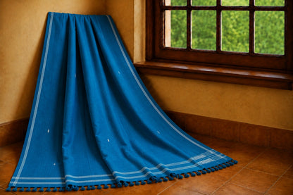 Teal Blue Pure Mul Cotton Hand Weaving Jamdani Buta Saree with White Striped Border & Tassel Pallu