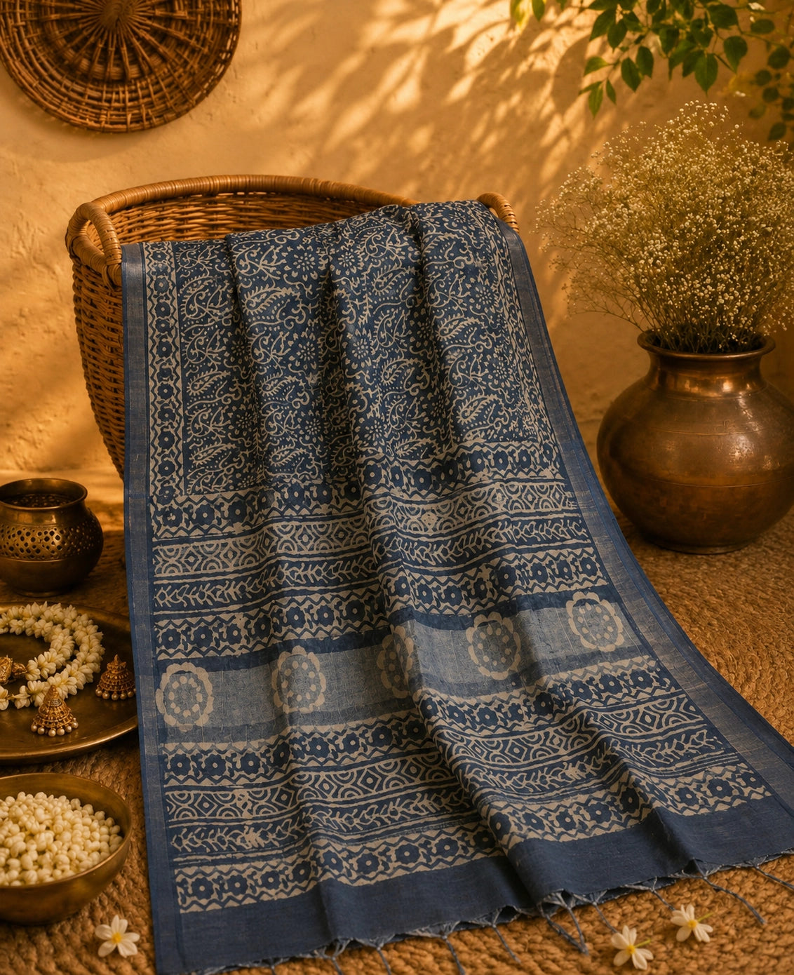 Indigo Blue Linen Saree with Traditional Floral Border and Hand Block Print Inspired Motifs