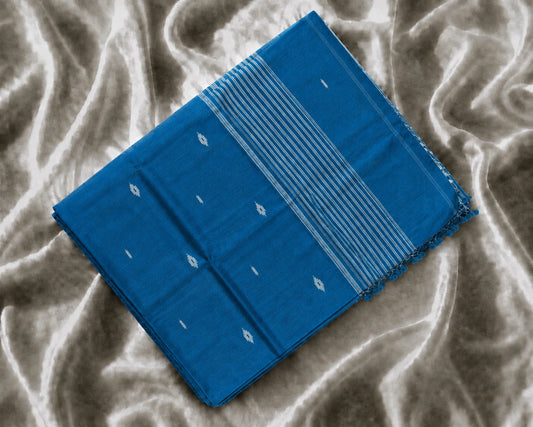 Teal Blue Pure Mul Cotton Hand Weaving Jamdani Buta Saree with White Striped Border & Tassel Pallu