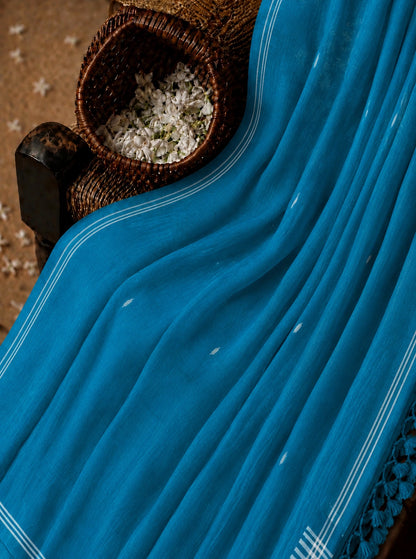 Teal Blue Pure Mul Cotton Hand Weaving Jamdani Buta Saree with White Striped Border & Tassel Pallu