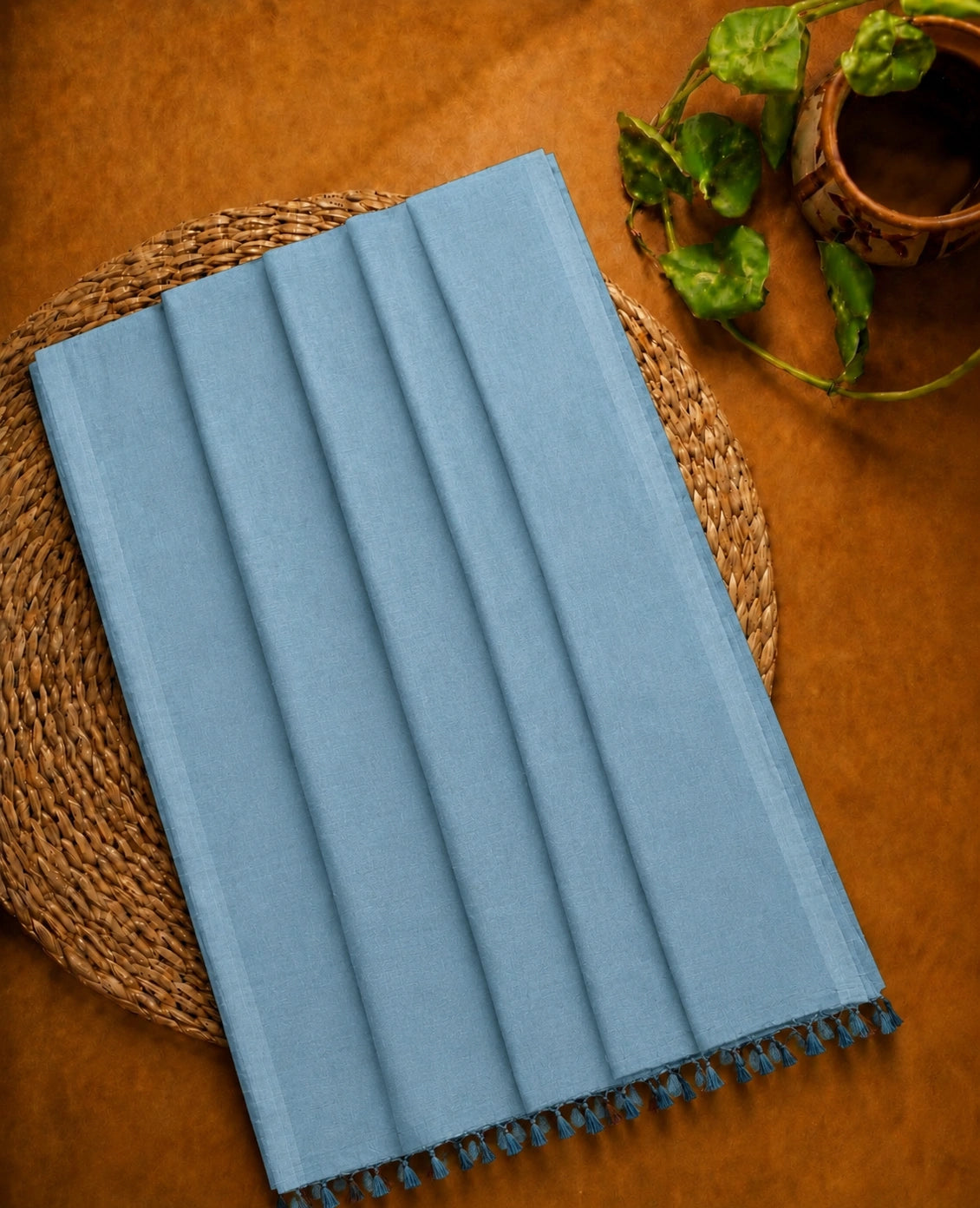 Dusty Sky Blue Pure Cotton Solid Color Saree with Tassel Pallu