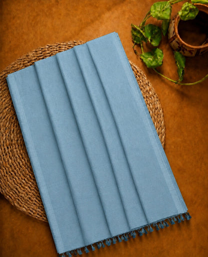 Dusty Sky Blue Pure Cotton Solid Color Saree with Tassel Pallu