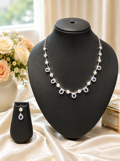 Silver-Tone Blue Teardrop Stone Necklace Set with Matching Earrings