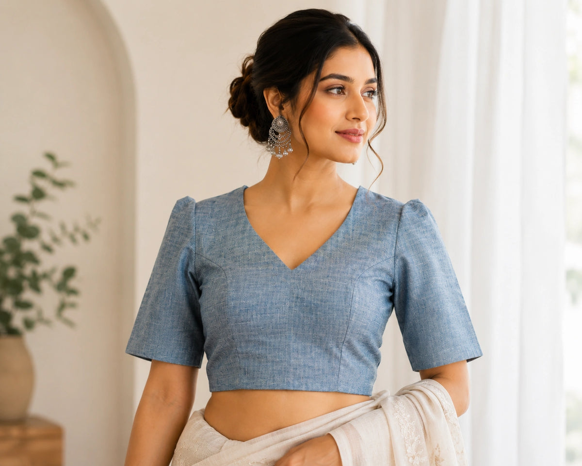 Steel Blue Cotton V-Neck Elbow Sleeve Ready-Made Blouse