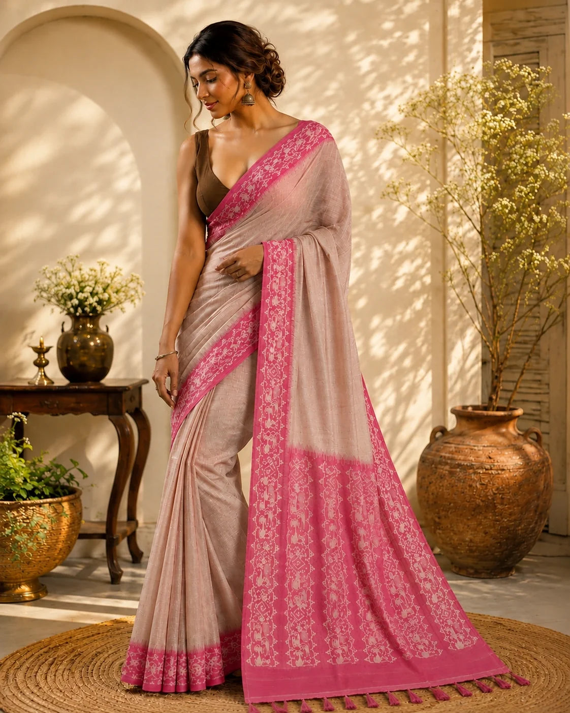 Blush Pink Semi Tussar Jamdani Saree model image