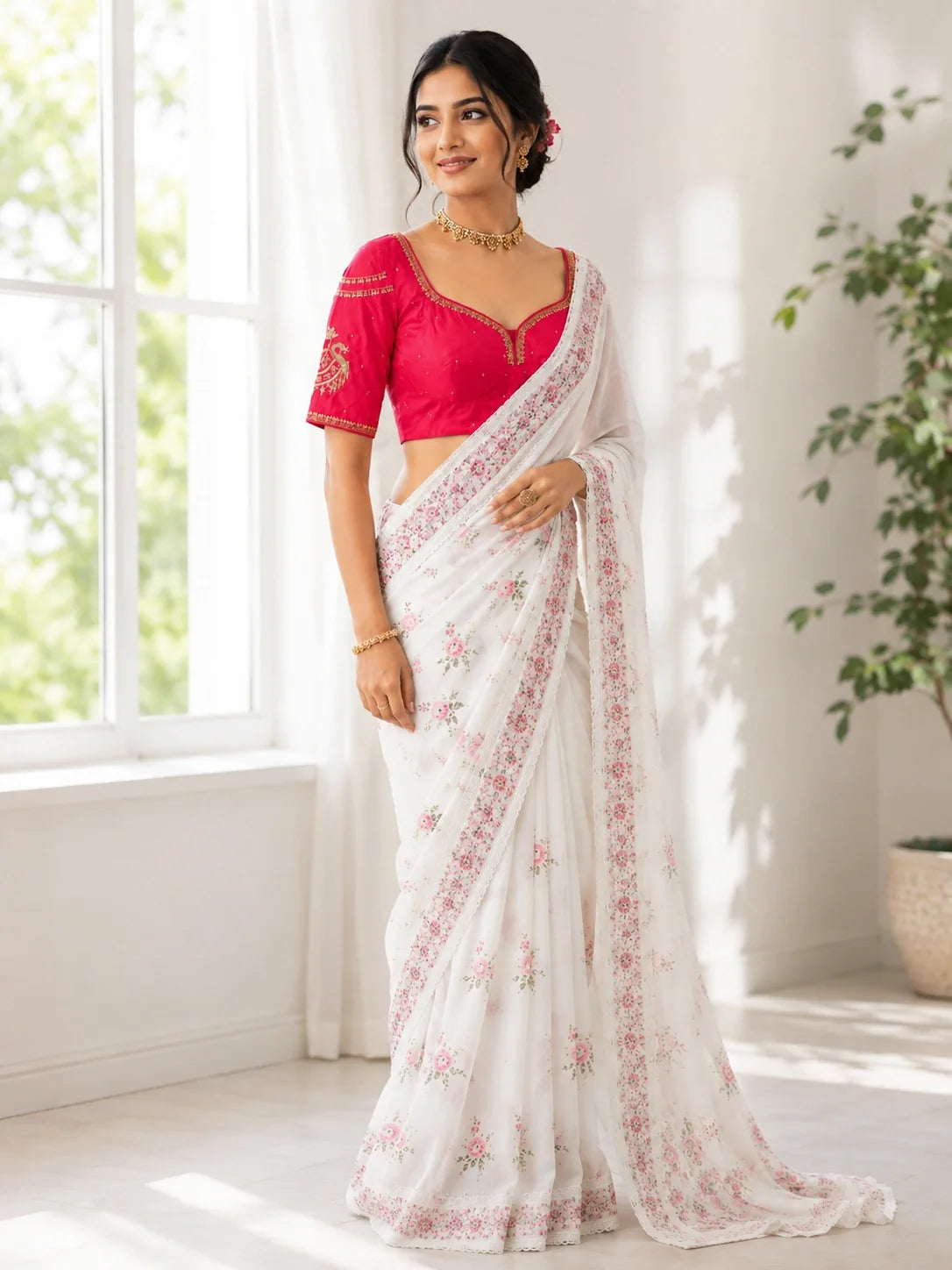 Bridal Sabyasachi Ari Work Rani Pink Blouse with Peacock Embroidery & Sweetheart Neck