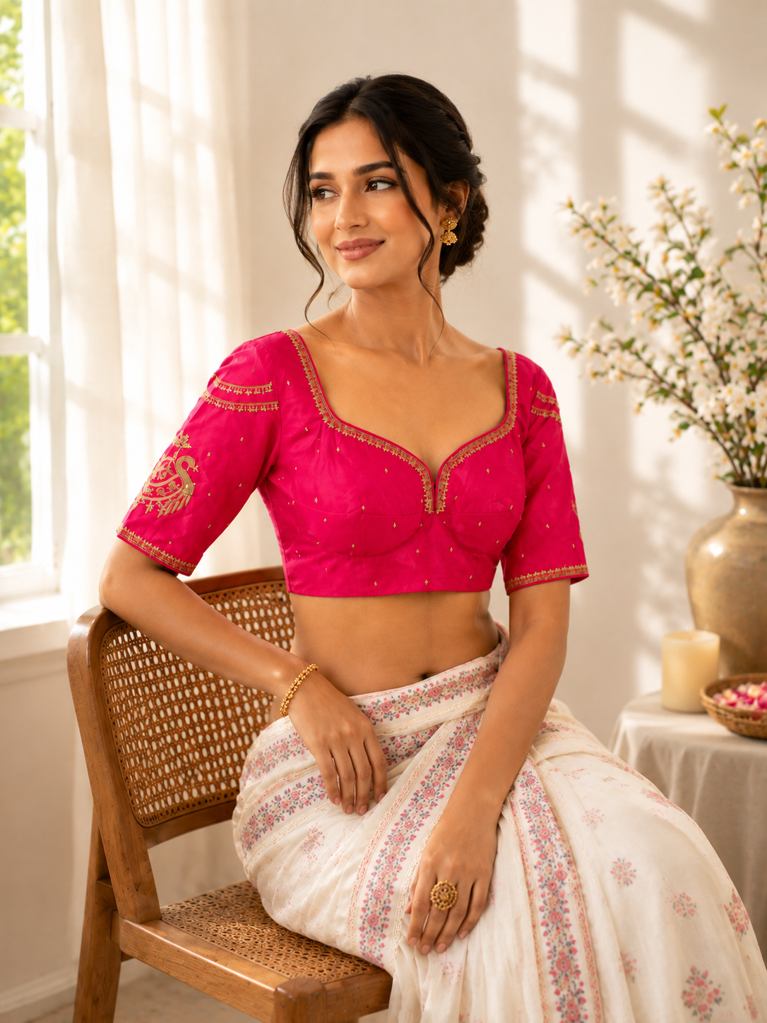 Bridal Sabyasachi Ari Work Rani Pink Blouse with Peacock Embroidery & Sweetheart Neck