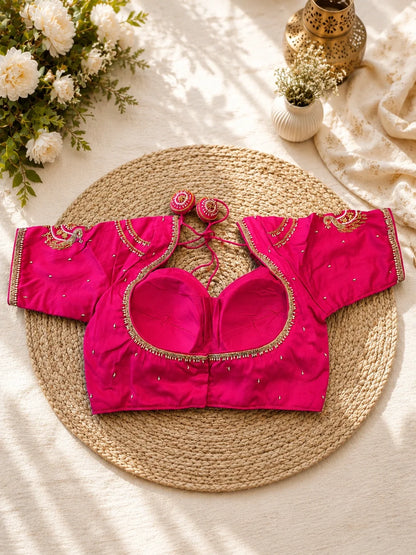 Bridal Sabyasachi Ari Work Rani Pink Blouse with Peacock Embroidery & Sweetheart Neck