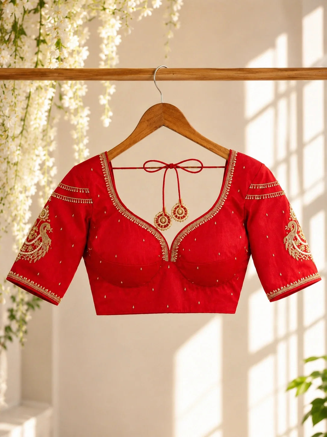 Bridal Rani Red Sabyasachi Ari Work Blouse with Pearl Embellished Sweetheart Neck