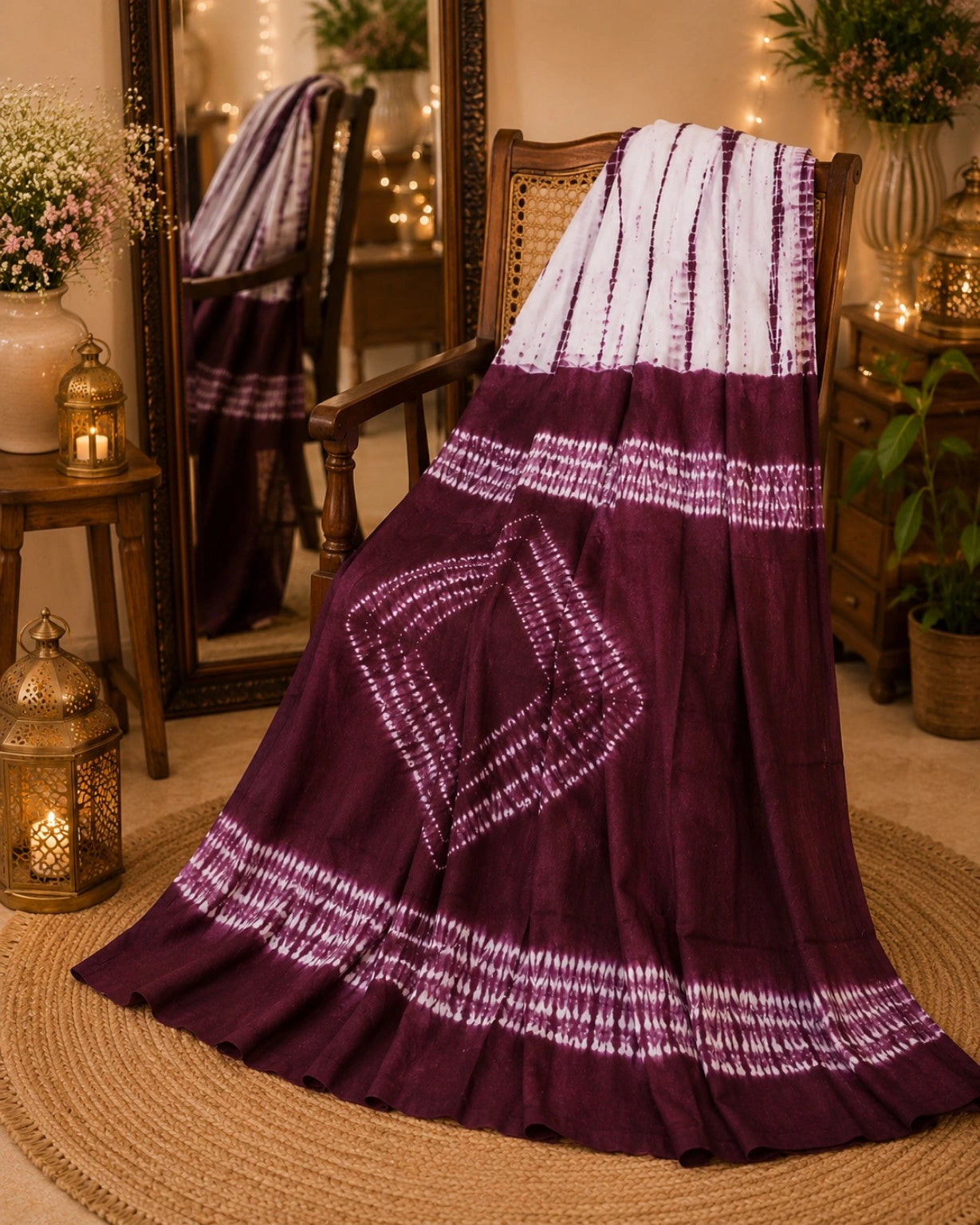 Deep Plum & Ivory Mul Cotton Shibori Tie-Dye Saree with Diamond Motif Pallu