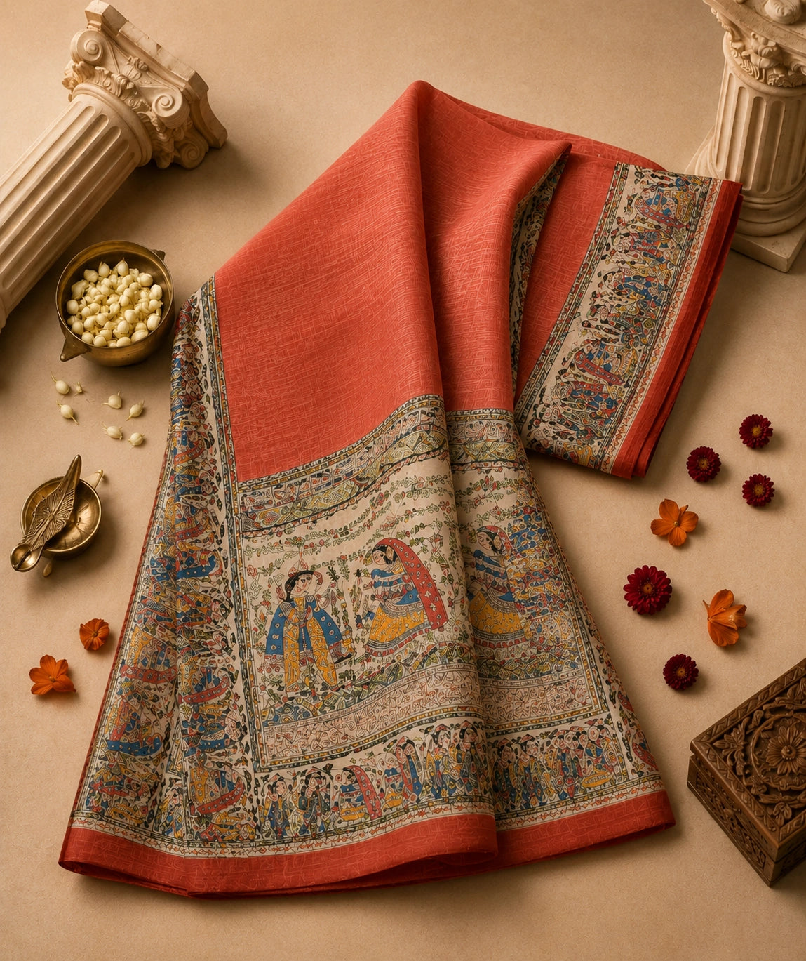 Coral Pink Ghicha Madhubani Saree with Traditional Mithila Folk Art Border