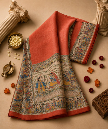 Coral Pink Ghicha Madhubani Saree with Traditional Mithila Folk Art Border