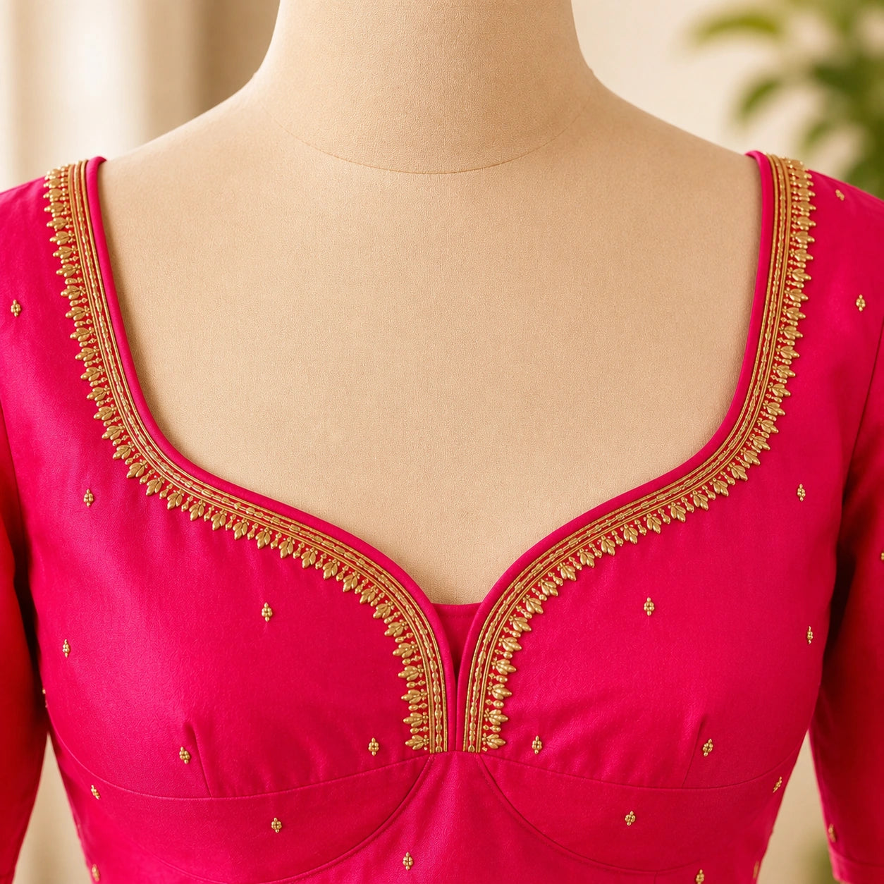 Bridal Sabyasachi Ari Work Rani Pink Blouse with Peacock Embroidery & Sweetheart Neck