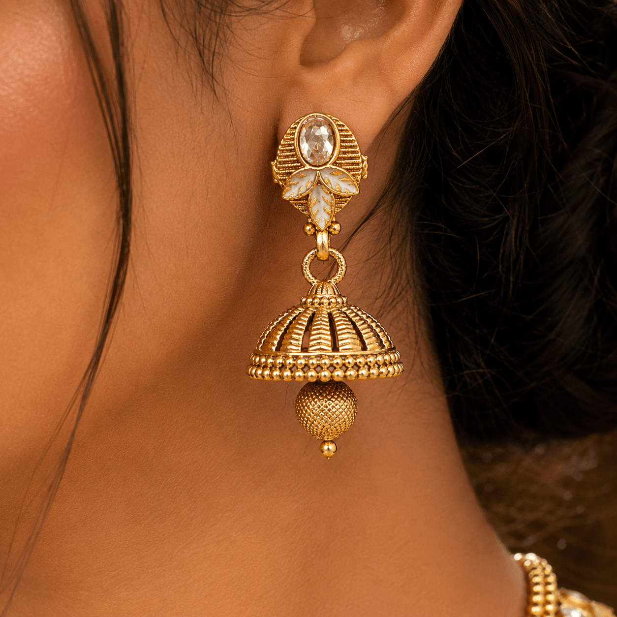 Gold Plated Leaf Design Necklace Set with Jhumka Earrings