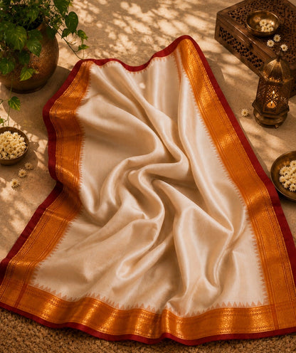 Pure Cotton Gadwal Saree in Ivory White with Golden Orange Zari Border & Maroon Contrast Pallu
