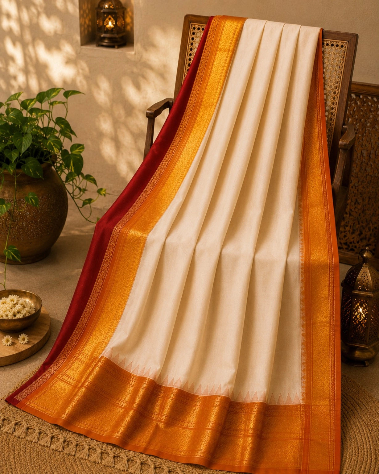 Pure Cotton Gadwal Saree in Ivory White with Golden Orange Zari Border & Maroon Contrast Pallu