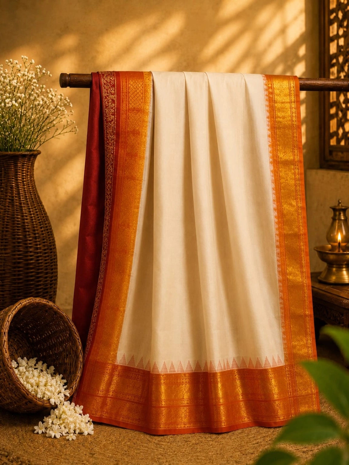 Pure Cotton Gadwal Saree in Ivory White with Golden Orange Zari Border & Maroon Contrast Pallu