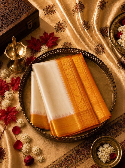 Pure Cotton Gadwal Saree in Ivory White with Golden Orange Zari Border & Maroon Contrast Pallu