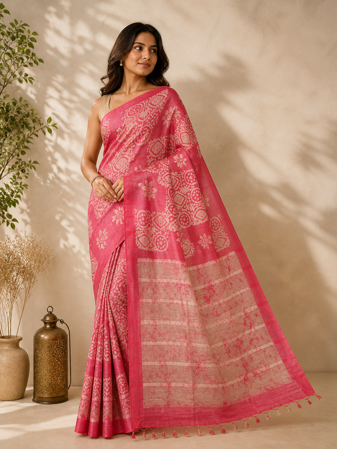 Coral Pink Linen Batik Print Saree with Beige Floral and Geometric Motifs model photoshoot
