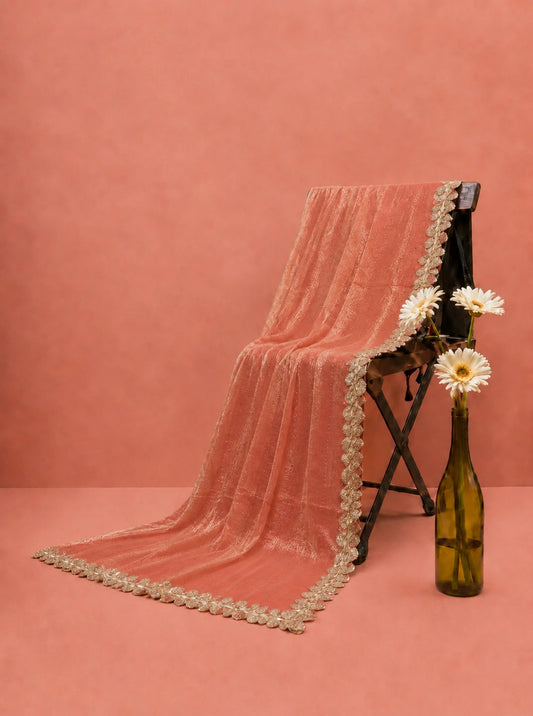 Peach Fandy Satin Saree with Embellished Floral Border Party Wear Saree