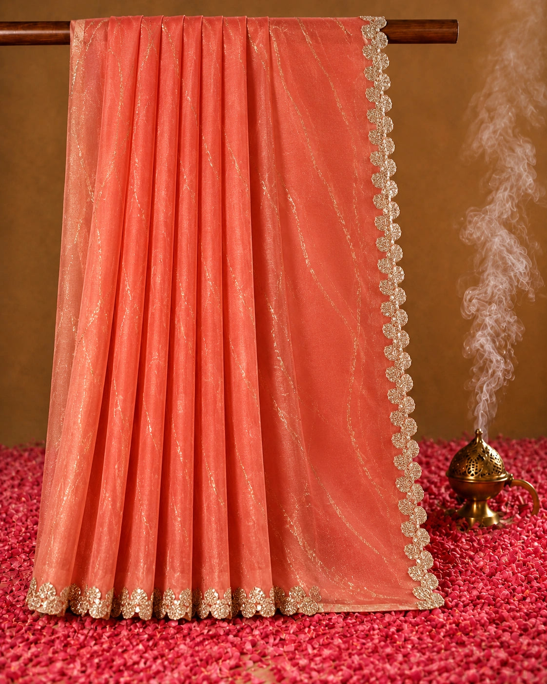 Peach Fandy Satin Saree with Embellished Floral Border Party Wear Saree
