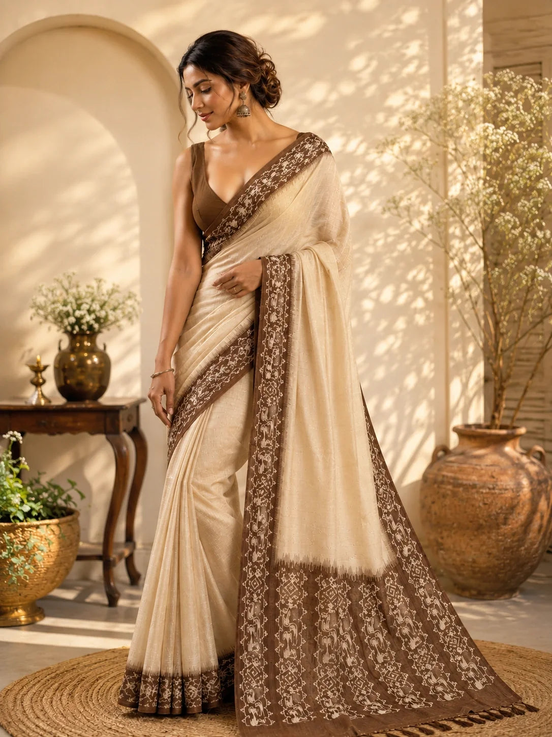 Cream Semi Tussar Jamdani Saree model image