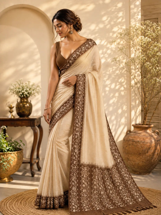 Cream Semi Tussar Jamdani Saree model image