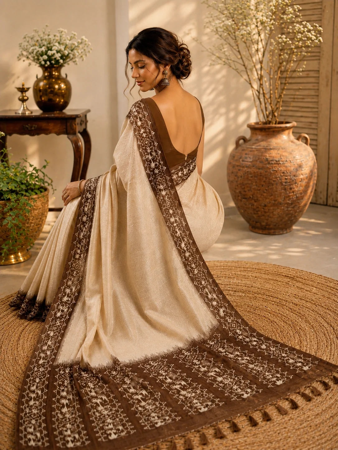 Cream Semi Tussar Jamdani Saree image 2