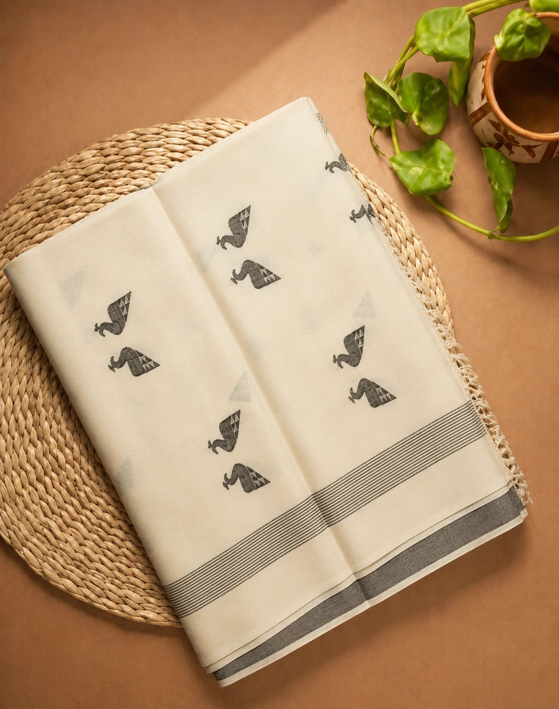 Handloom Pure Cotton Saree in White with Peacock Buti Motifs & Tassel Pallu