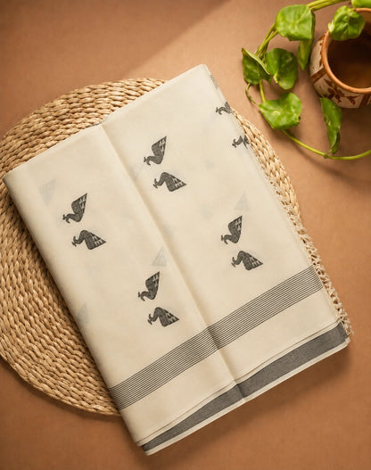 Handloom Pure Cotton Saree in White with Peacock Buti Motifs & Tassel Pallu