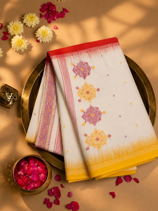 Off White & Mustard Yellow Cotton Jamdani Ganga Jamuna Border Saree with Traditional Woven Motifs