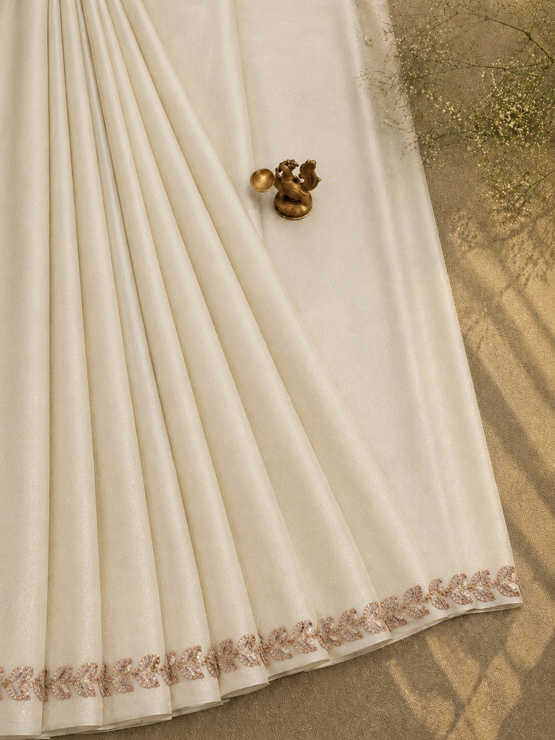 Off White Jimmy Choo Saree with Shimmer Finish and Embellished Floral Border Party Wear Saree