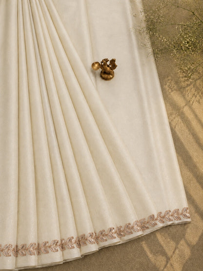 Off White Jimmy Choo Saree with Shimmer Finish and Embellished Floral Border Party Wear Saree