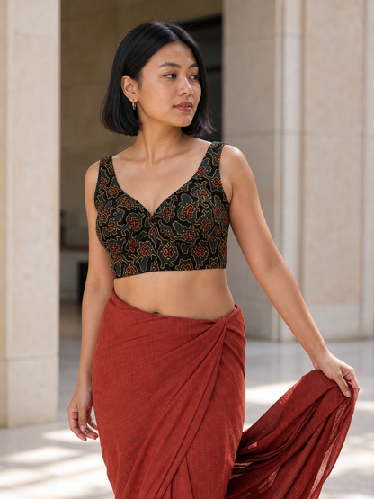 Dark Green Black Ajrakh Sleeveless Blouse on Model