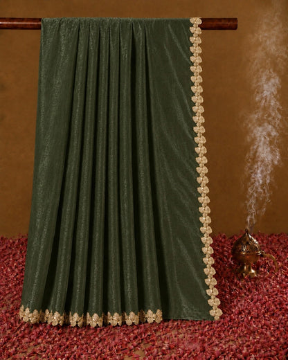 Olive Green Fandy Satin Saree with Floral Lace Border Elegant Festive Wear Saree